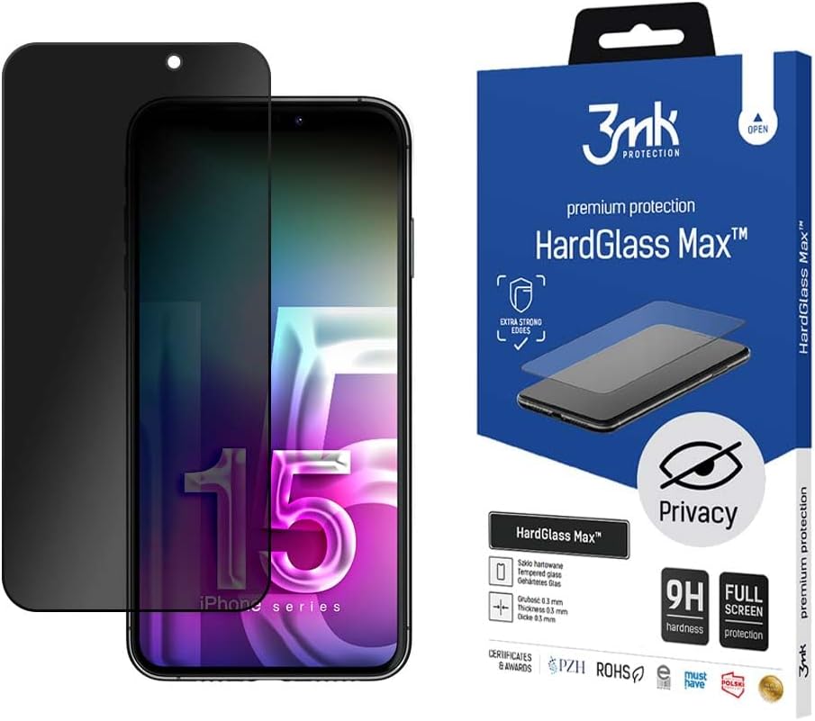 3MK iPhone 15 HardGlass Max Privacy 0.30mm 9H Full Screen Αντιχαρακτικό Γυαλί Οθόνης - Black