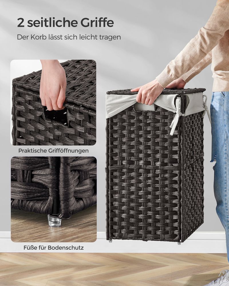 Songmics Χειροποίητο Καλάθι Απλύτων από Συνθετικό Rattan με Καπάκι - 90 L - Black - LCB51BK