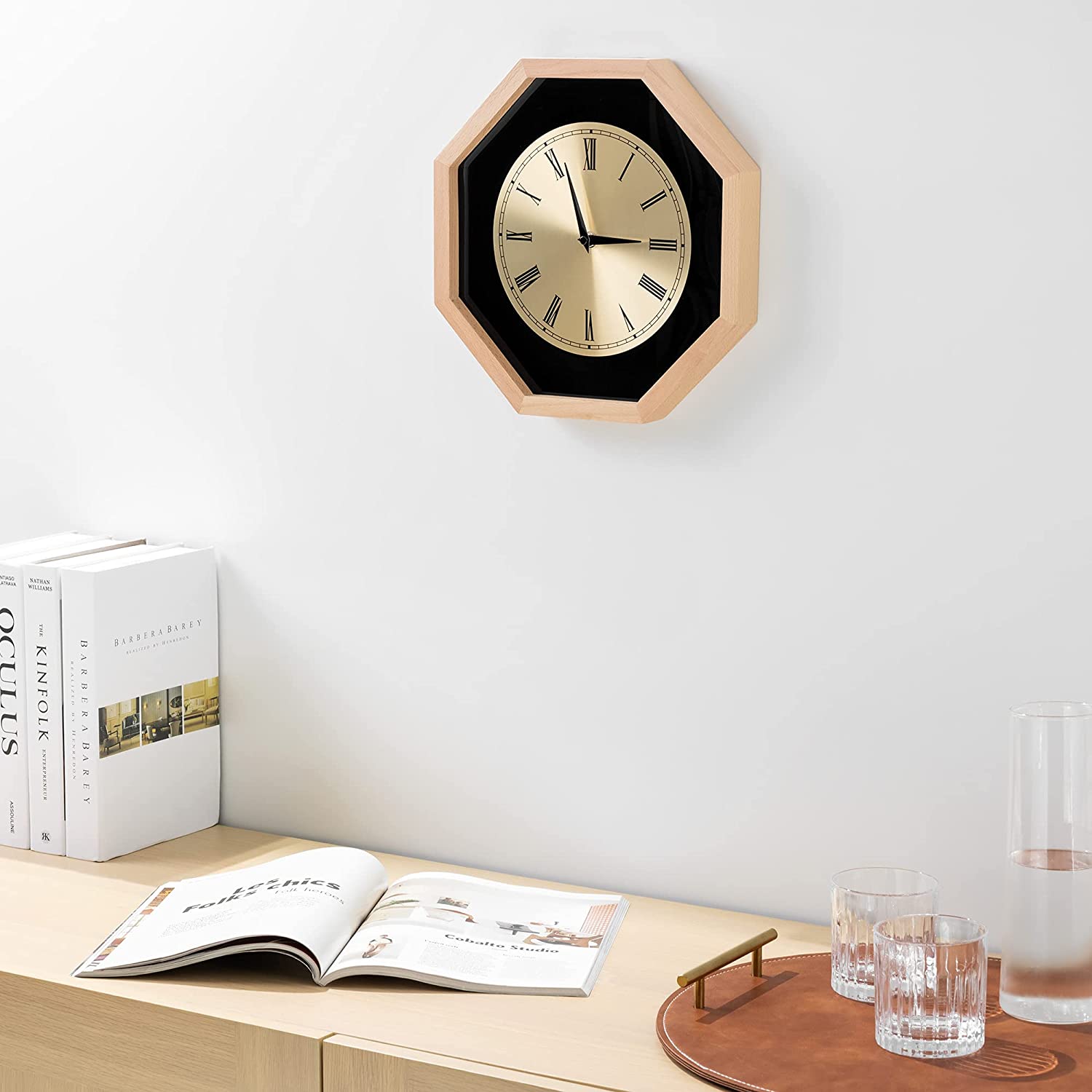 Navaris Analogue Wood Wall Clock Design Octagonal - Ρολόι Tοίχου - Light Brown / Gold - 54470.24.21
