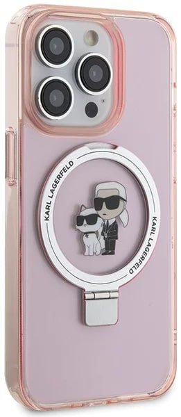 Karl Lagerfeld iPhone 15 Pro Max Ring Stand Karl and Choupette MagSafe Σκληρή Θήκη με Πλαίσιο Σιλικόνης και MagSafe - Διάφανη / Pink - KLHMP15XHMRSKCP