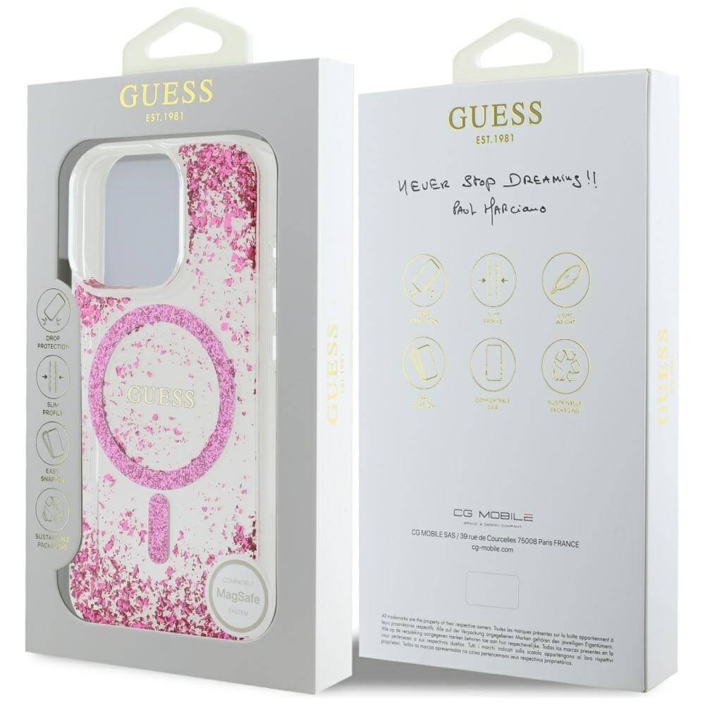 Guess iPhone 16 Pro Max - HC Resin Bottom Glitter - MagSafe Σκληρή Θήκη με Πλαίσιο Σιλικόνης - Pink - GUHMP16XRGRGEP