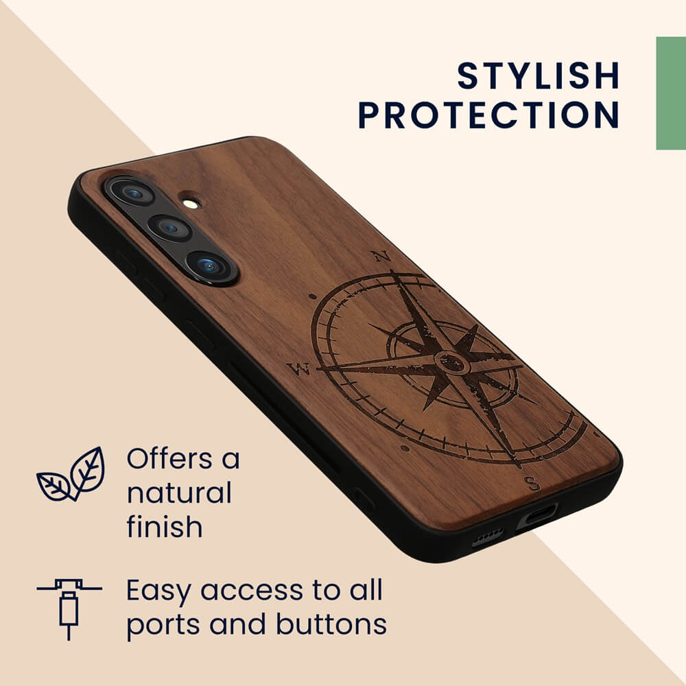 KW Samsung Galaxy S24 Θήκη από Φυσικό Ξύλο - Design Compass Vintage - Dark Brown