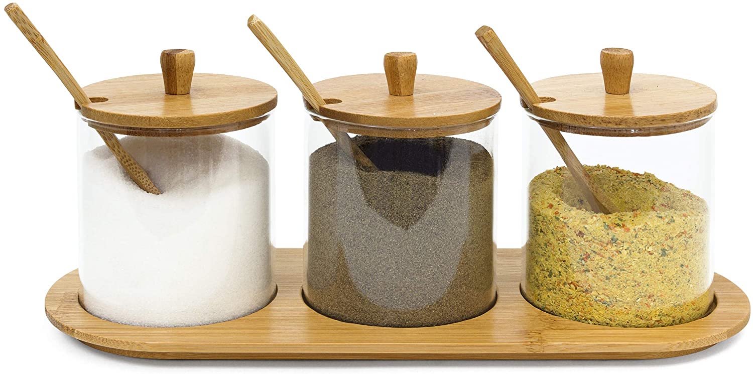 Relaxdays Σετ με 3 Γυάλινα Βάζα Αποθήκευσης JIAO με Βάση και Καπάκια από Μπαμπού - Natural - 4052025191351
