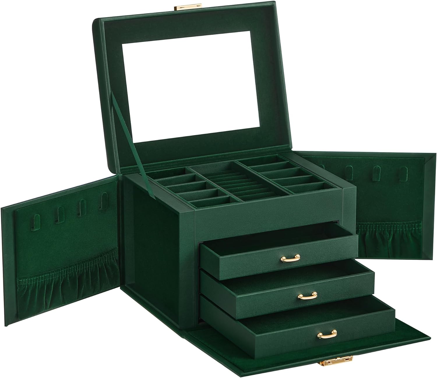 Songmics Φορητό Κουτί Αποθήκευσης Κοσμημάτων 4 Επιπέδων με Καθρέπτη και Κλειδαριά - Vintage Green - JBC159C01