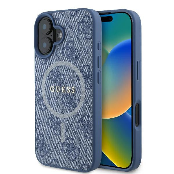 Guess iPhone 16 - 4G Ring Classic Logo - MagSafe Θήκη με Επένδυση Συνθετικού Δέρματος και MagSafe - Blue - GUHMP16SG4GFRB