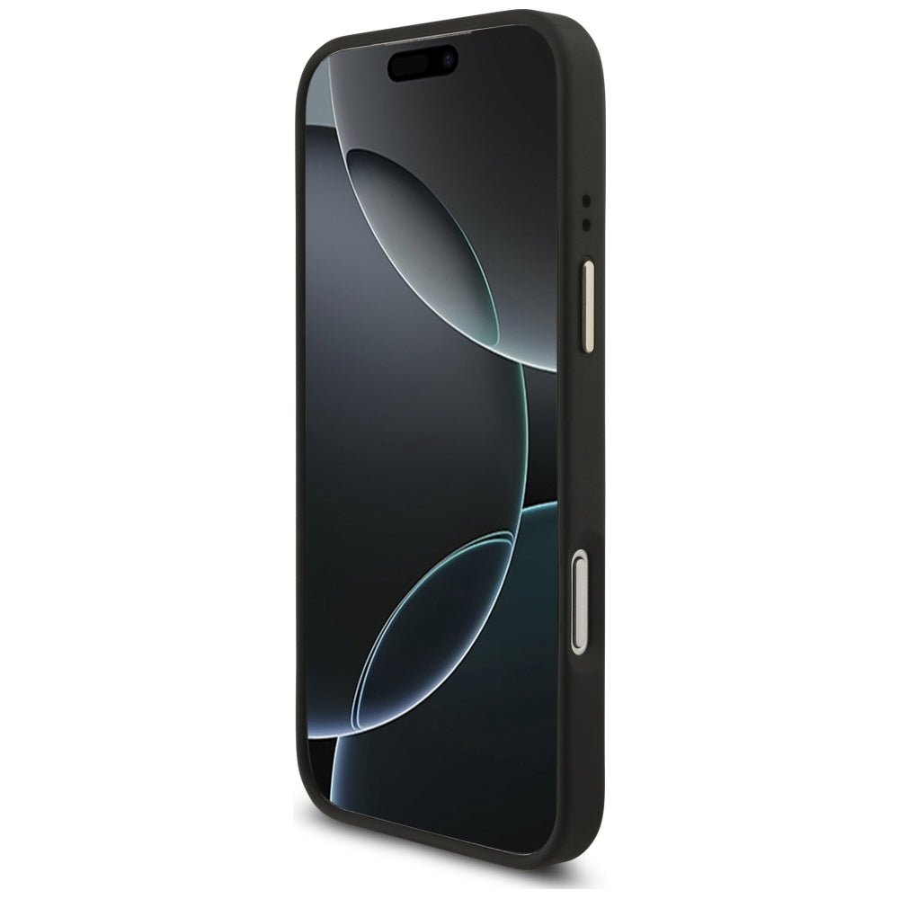 Guess iPhone 17 Pro Max - 4G Triangle Strass Logo MagSafe - Σκληρή Θήκη με Επένδυση Συνθετικού Δέρματος - Black / Gold - GUHMP17XP4GTDGMK