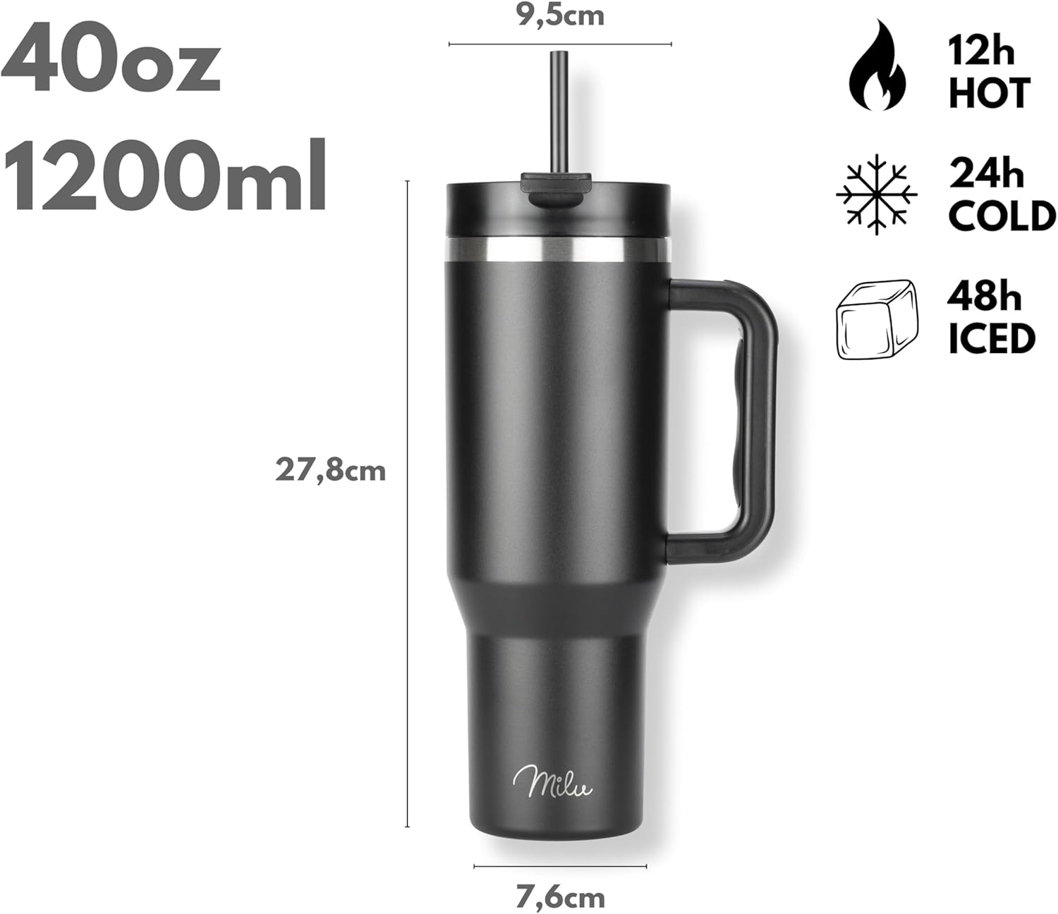 Milu T11 Ποτήρι Θερμός Από Ανοξείδωτο Ατσάλι με Καπάκι 2 σε 1 και Καλαμάκι - 1.2L - Black - 1952