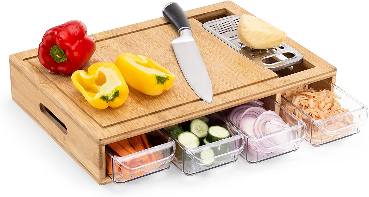 Navaris Ξύλο Κοπής από Μπαμπού με Τρίφτη και 4 Δοχεία Συλλογής - Brown - 58084.01