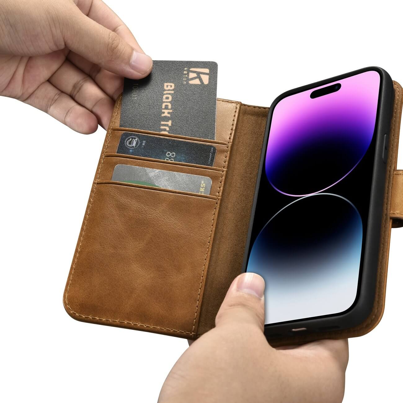 iCarer iPhone 14 Pro Anti-RFID 2in1 Oil Wax Θήκη Πορτοφόλι Stand από Γνήσιο Δέρμα - Brown