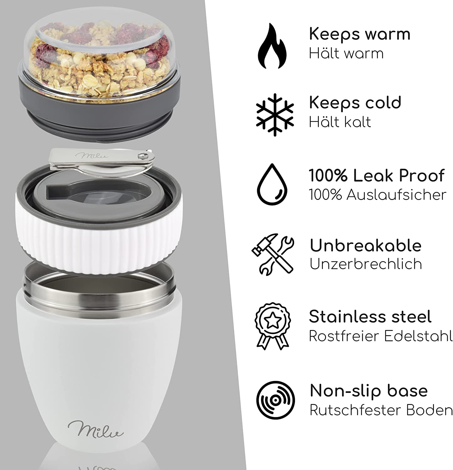 Milu SP Cereal Cup to Go Φορητό Δοχείο Φαγητού από Ανοξείδωτο Ατσάλι με Κουτάλι - 400ml - White - 2501