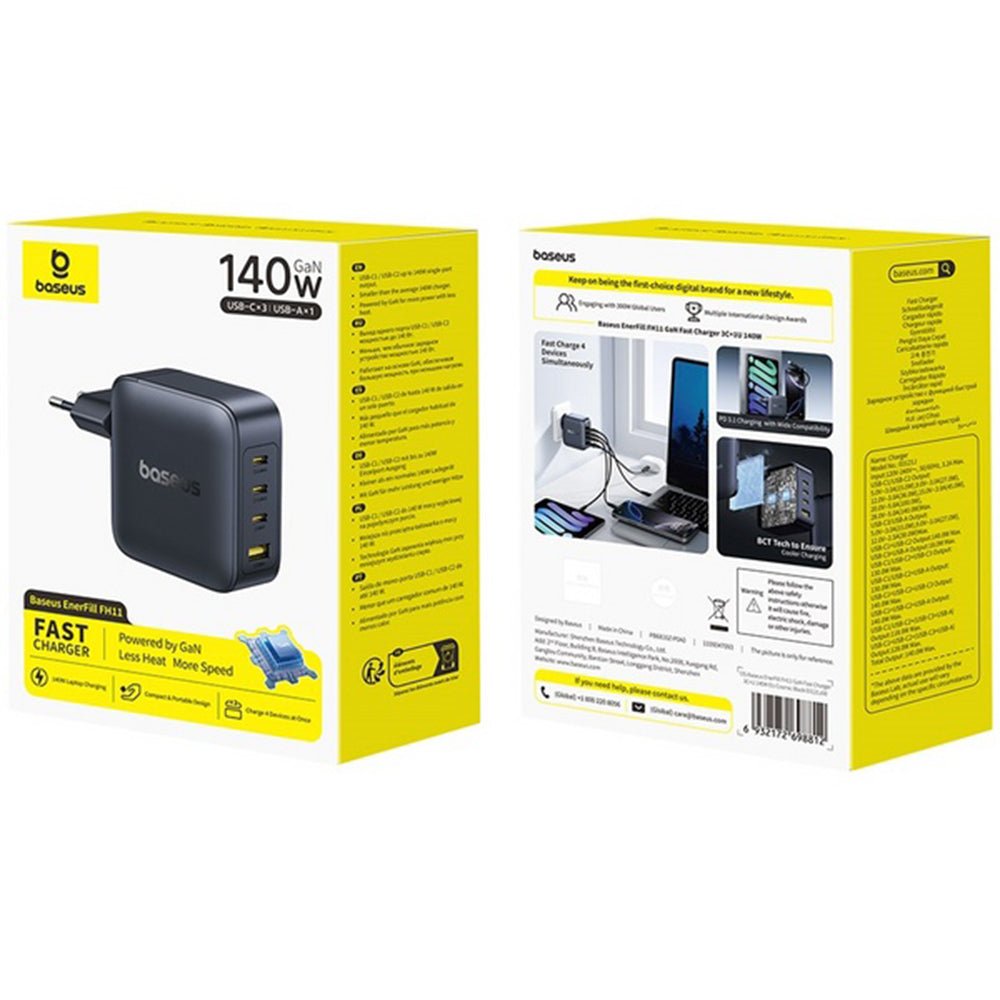 Baseus Οικιακός Φορτιστής Γρήγορης Φόρτισης 140W GaN με 3 Θύρες Type - C και 1 Θύρα USB - EnerFill FH11 - Cosmic Black