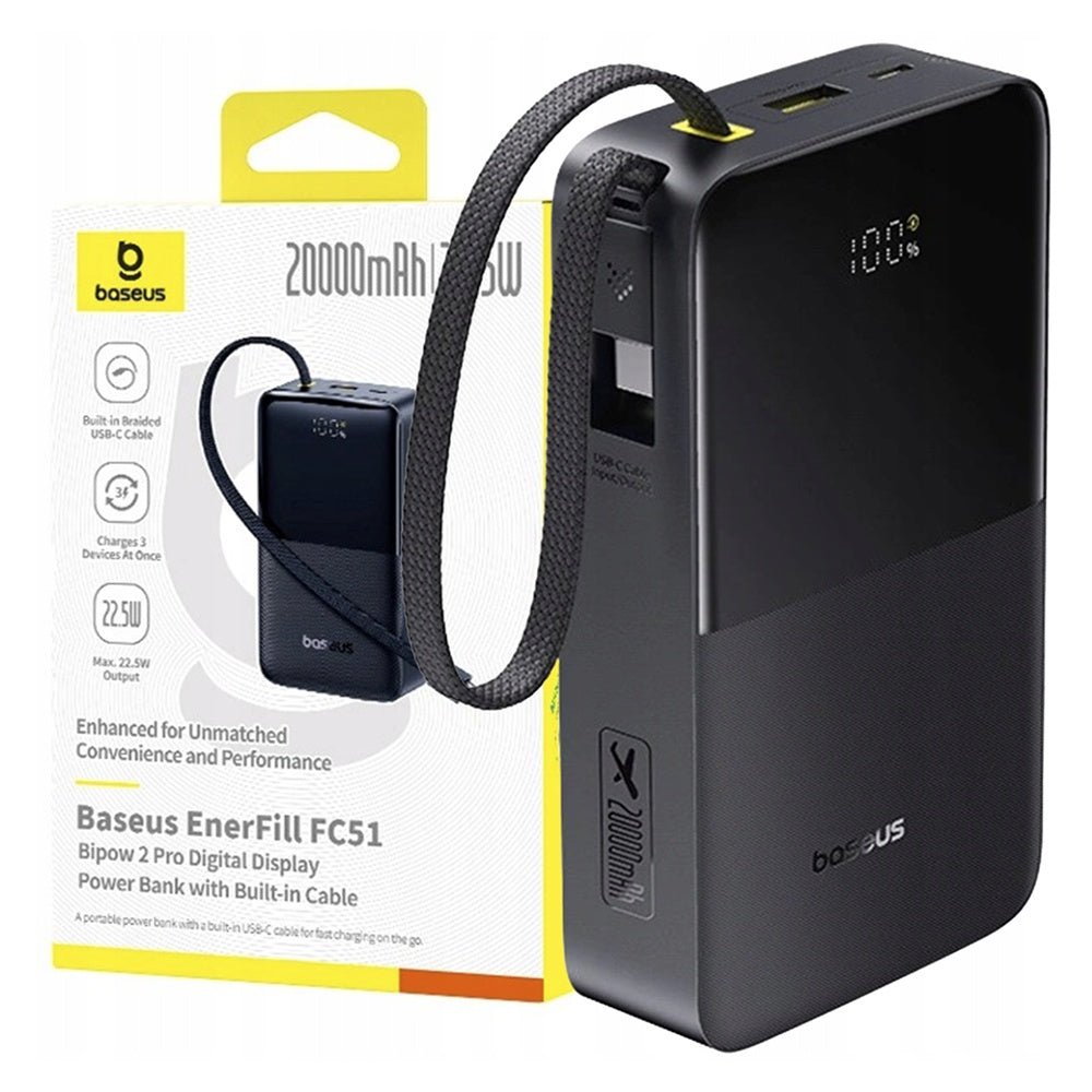 Baseus PowerBank 20000mAh 22.5W με Ενσωματωμένo Καλώδιo Type-C - EnerFill Bipow2 Pro - Cosmic Black