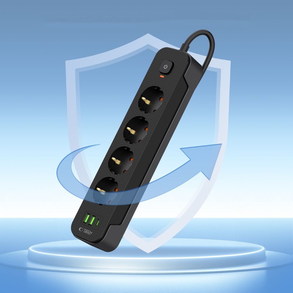 Tech - Protect PCL4X3 Πολύπριζο με 4 Πρίζες, 2 Θύρες USB και 1 Θύρα Type - C - Black