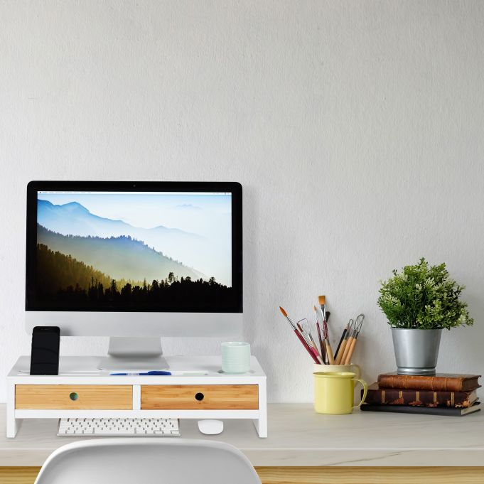 Relaxdays Ξύλινη Βάση Στήριξης Οθόνης με 2 Συρτάρια - White / Natural - 4052025242046