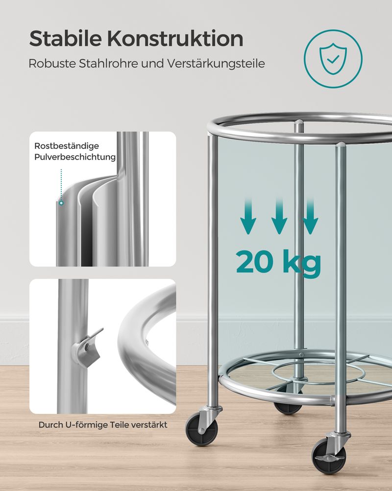 Songmics Τροχήλατο Καλάθι Απλύτων με Ατσάλινο Σκελετό και Αποσπώμενη Θήκη Ρούχων - 110L - Grey / Silver - RLS002G01