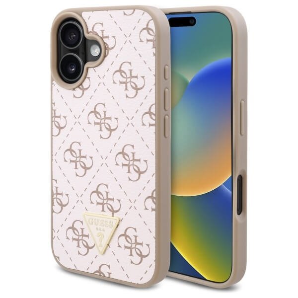 Guess iPhone 16 Plus - New 4G Triangle - Θήκη με Επένδυση Συνθετικού Δέρματος - Pink - GUHCP16MPG4GPH