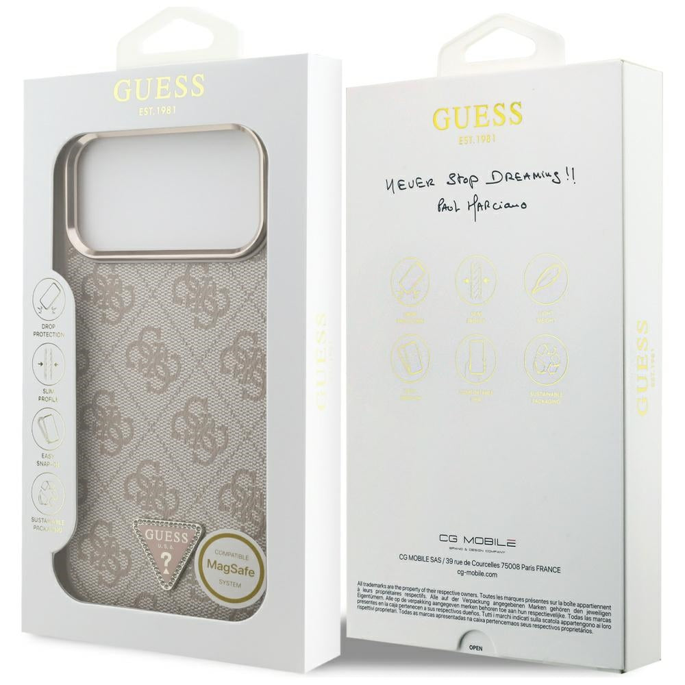 Guess iPhone 17 Pro Max - 4G Triangle Strass Logo MagSafe - Σκληρή Θήκη με Επένδυση Συνθετικού Δέρματος - Pink / Gold - GUHMP17XP4GTDGMP