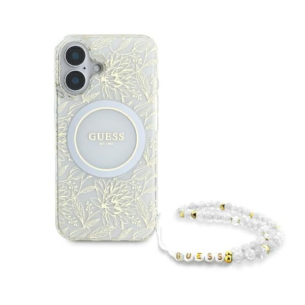 Guess iPhone 16 Plus - IML Flowers Allover Electro With Pearl Strap MagSafe - Σκληρή Θήκη με Πλαίσιο Σιλικόνης και Λουράκι - White / Διάφανη - GUHMP16MHCPOFPH