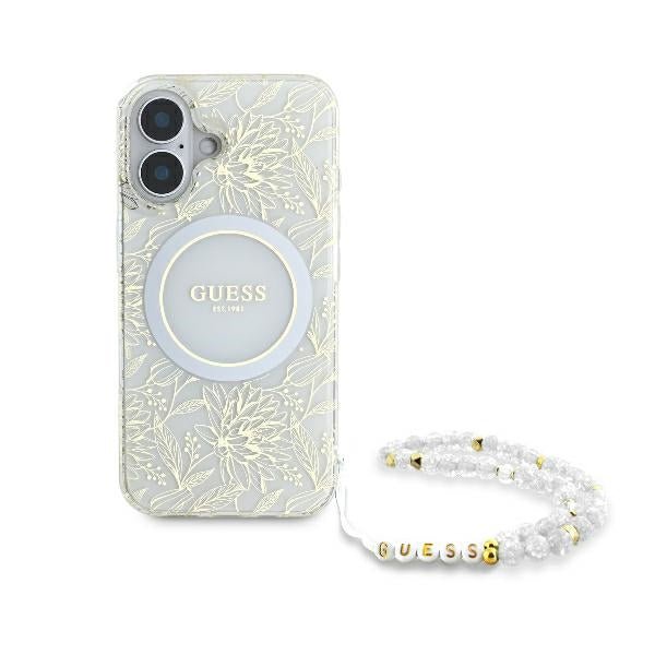 Guess iPhone 16 Plus - IML Flowers Allover Electro With Pearl Strap MagSafe - Σκληρή Θήκη με Πλαίσιο Σιλικόνης και Λουράκι - White / Διάφανη - GUHMP16MHCPOFPH