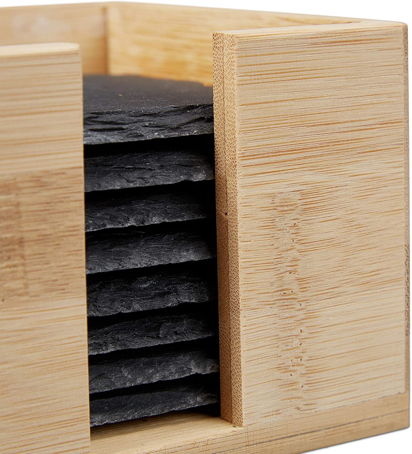 Relaxdays Σετ με 8 Τετράγωνα Σουβέρ από Σχιστόλιθο με Ξύλινη Βάση και Κιμωλία - Grey / Natural - 4052025273033