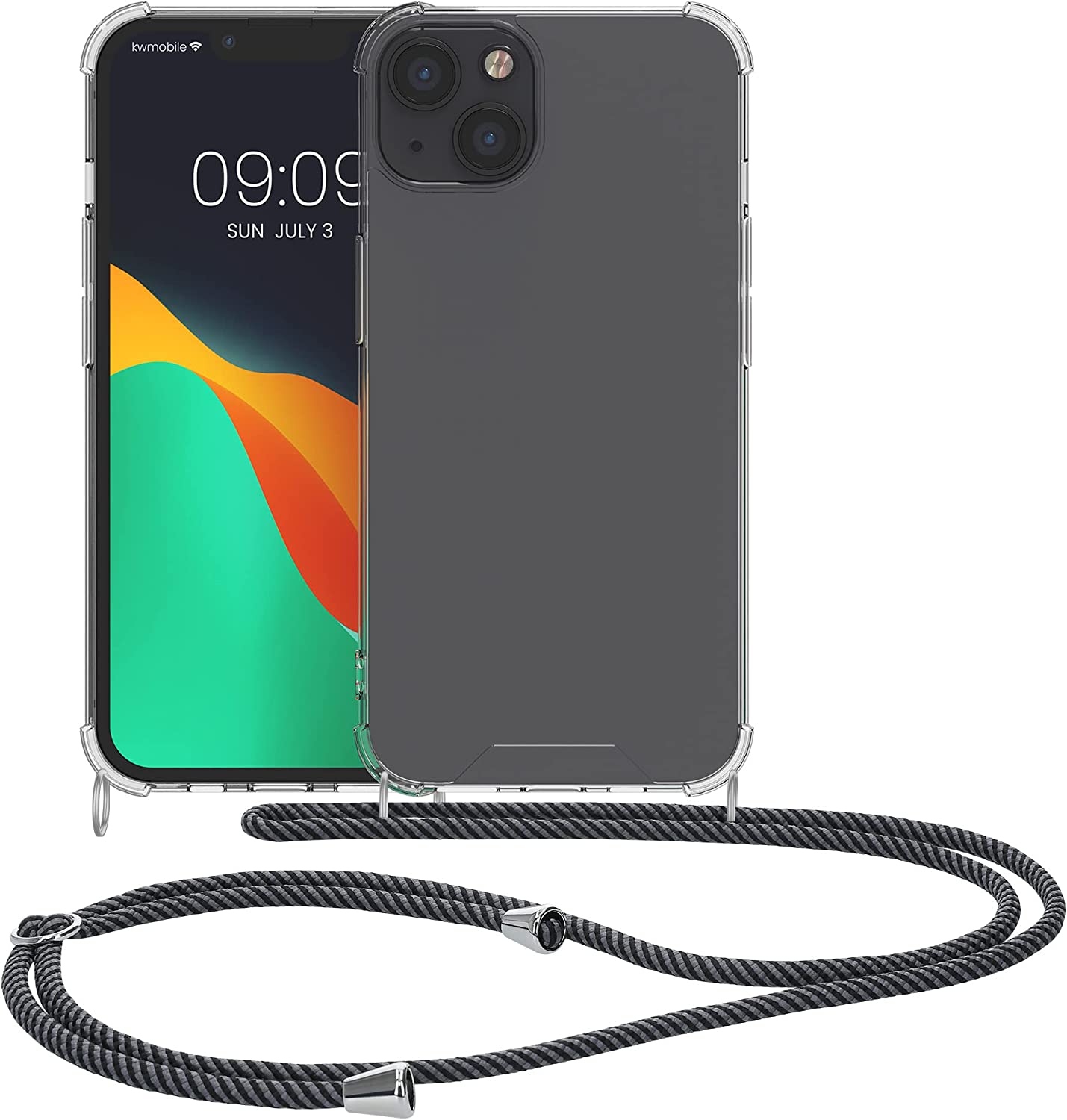 KW iPhone 13 Θήκη Σιλικόνης TPU με Λουράκι - Διάφανη / Anthracite Black - 55949.73