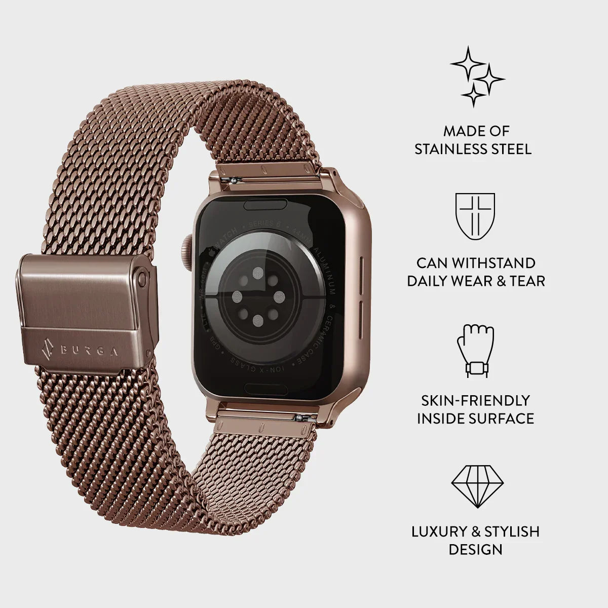 Burga Λουράκι Apple Watch 4/5/6/7/8/9/10/11 - SE (1/2/3) – 40/41/42mm - Mesh Elegance - Rose Gold - likebrands.gr