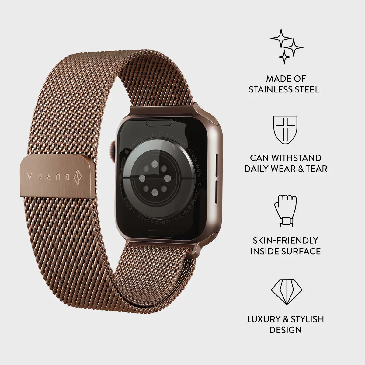 Burga Λουράκι Apple Watch 4/5/6/7/8/9/10/11 - SE (1/2/3) – 40/41/42mm - Metal Mesh - Rose Gold - likebrands.gr