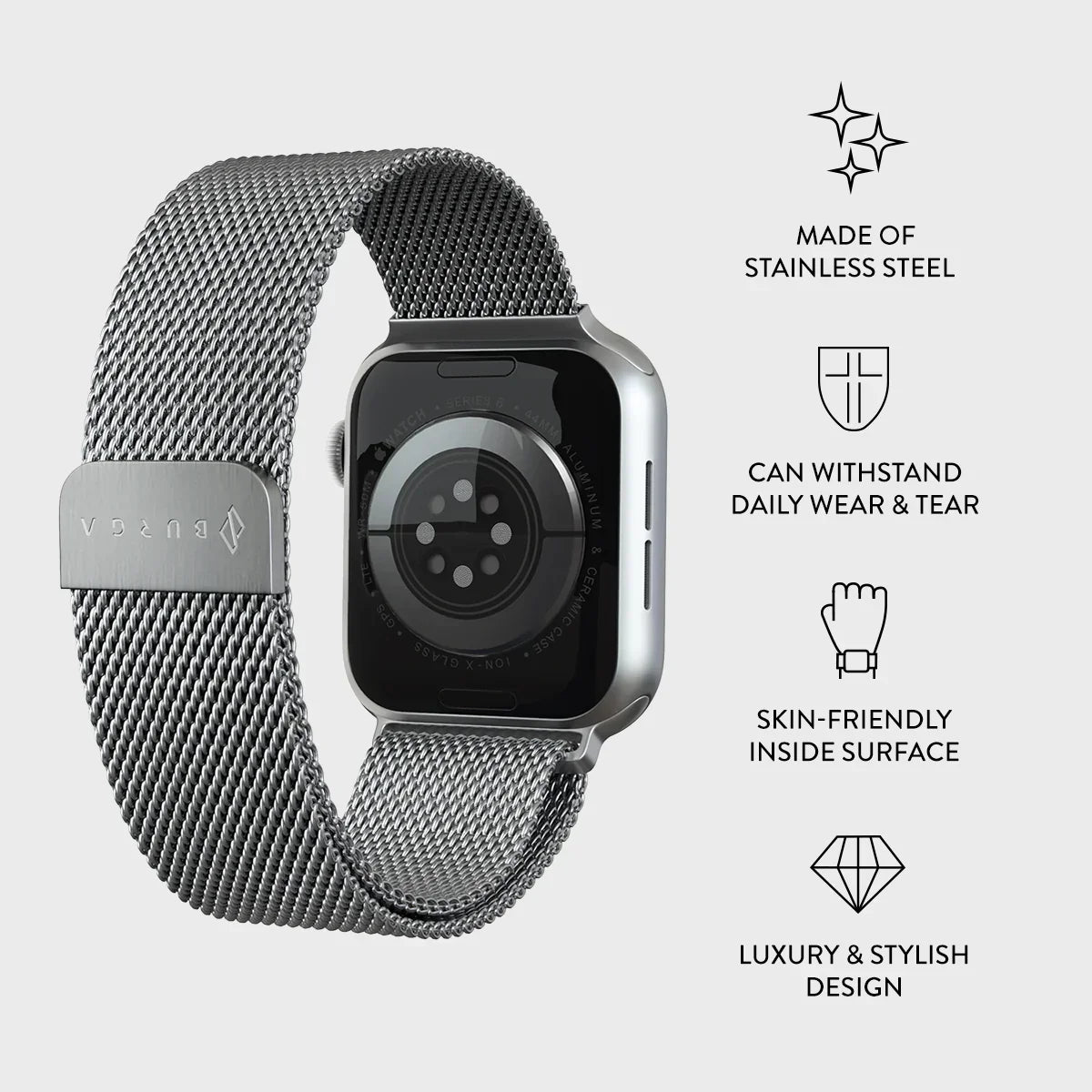 Burga Λουράκι Apple Watch 4/5/6/7/8/9/10/11 - SE (1/2/3) – 40/41/42mm - Metal Mesh - Silver - likebrands.gr