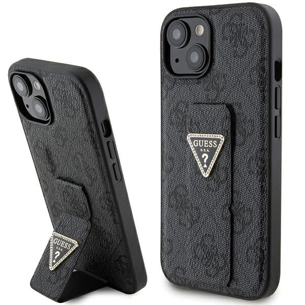 Guess iPhone 15 Grip Stand 4G Triangle Strass Logo Θήκη με Επένδυση Συνθετικού Δέρματος και Stand - Black - GUHCP15SPGS4TDK