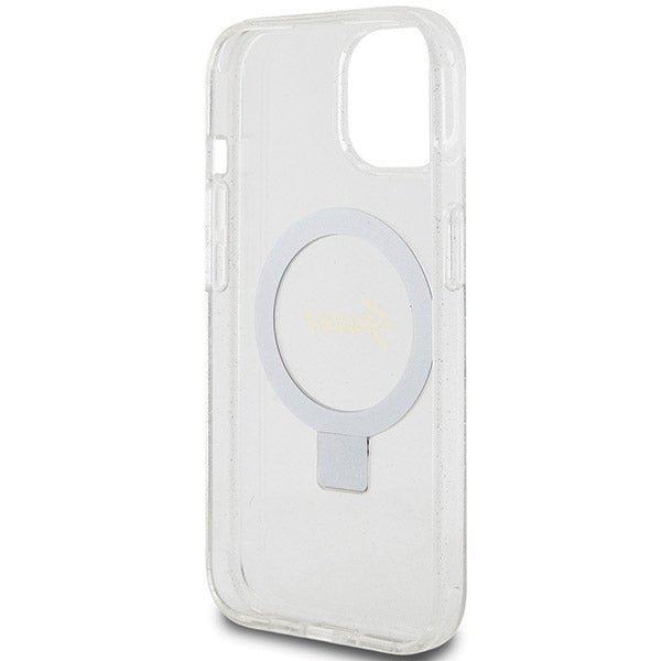 Guess iPhone 15 Ring Stand Script Glitter Magsafe Σκληρή Θήκη με Πλαίσιο Σιλικόνης και MagSafe / Stand - Clear - GUHMP15SHRSGSD