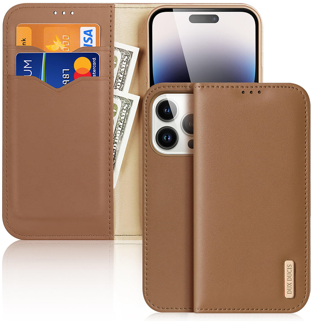 Dux Ducis iPhone 15 Pro Max Hivo Θήκη Πορτοφόλι Stand από Γνήσιο Δέρμα - Brown
