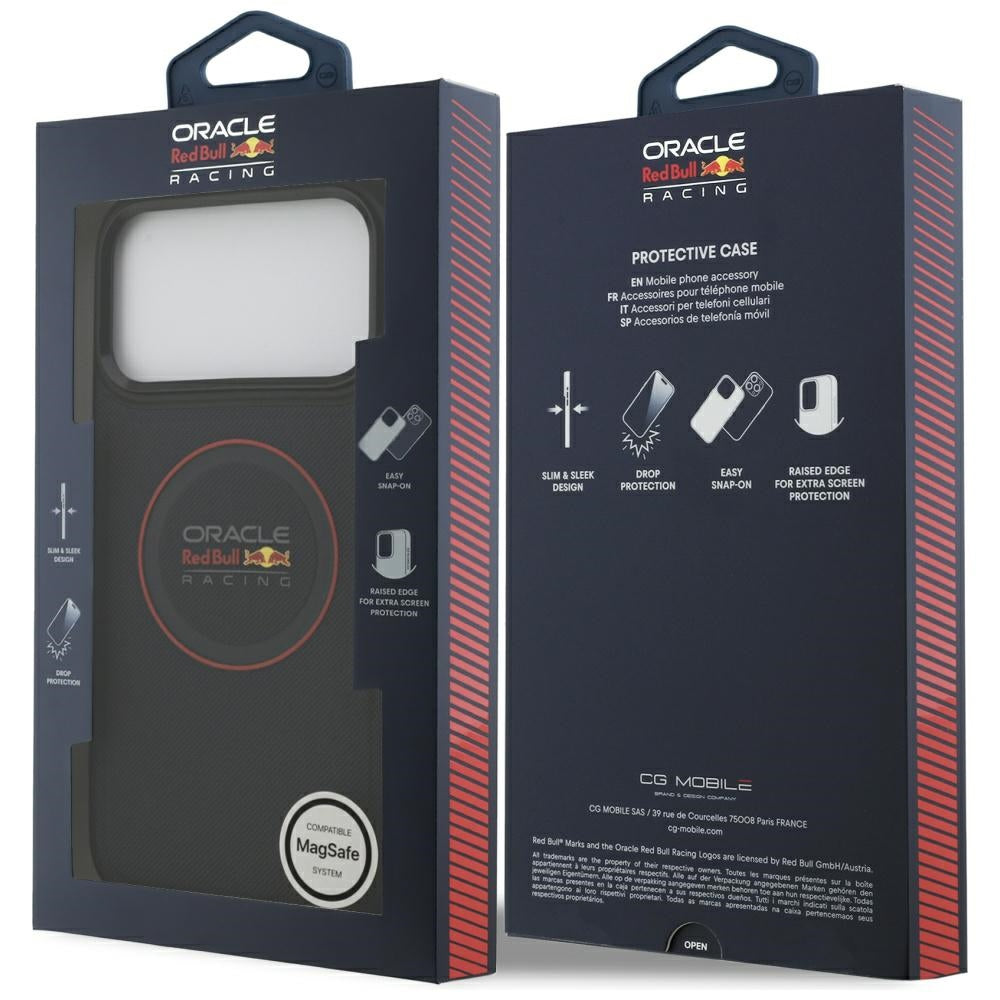 Red Bull iPhone 17 Pro Max - Meshed Red Ring and Metal Buttons MagSafe - Σκληρή Θήκη με Επένδυση Οικολογικού Δέρματος - Navy - RBHMP17X24PUILVR