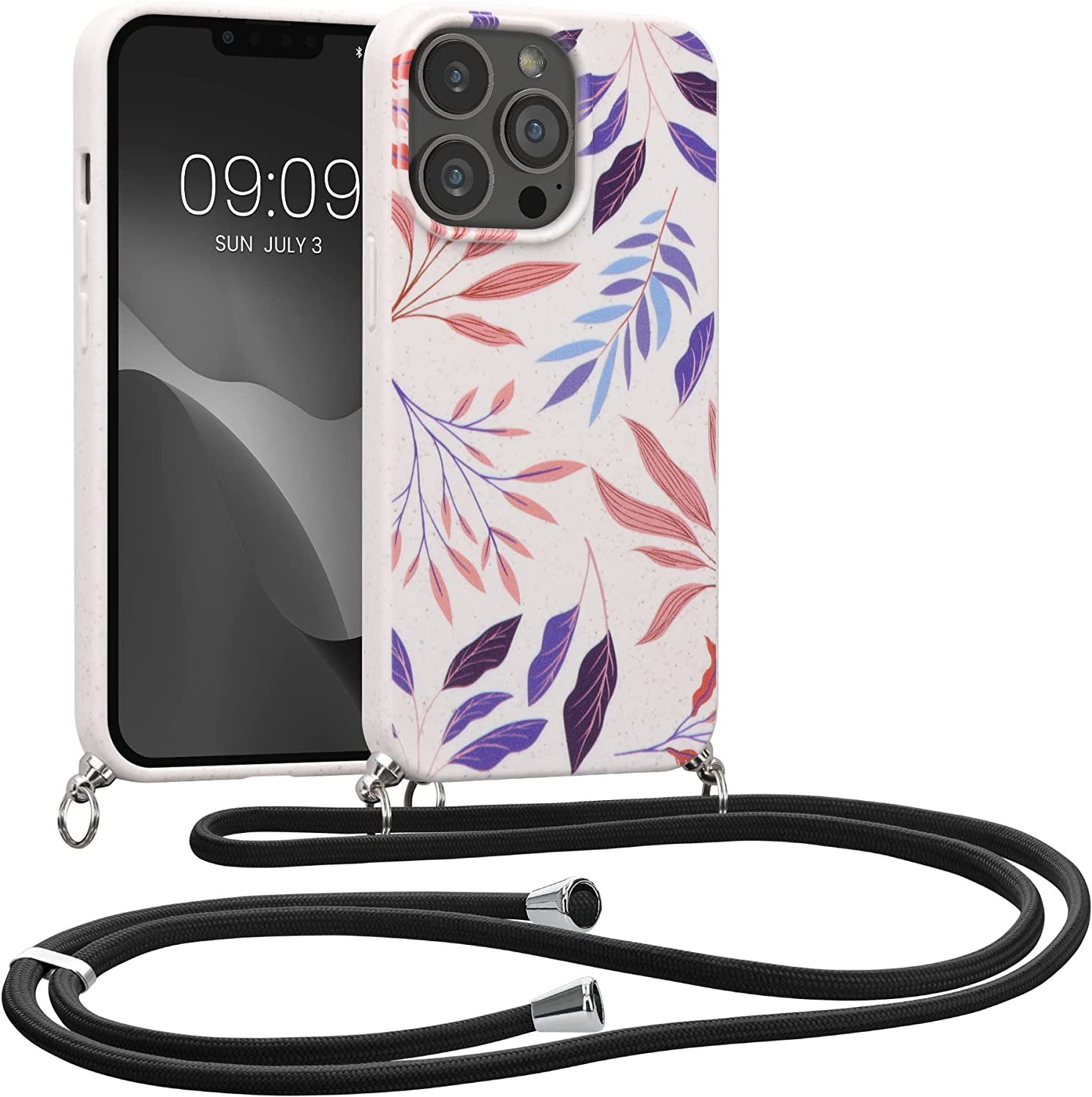 Kalibri iPhone 13 Pro Θήκη Σιλικόνης TPU με Λουράκι - Design Colourful Leaves - Blue / Deep Rusty Rose / Cream - 58554.01