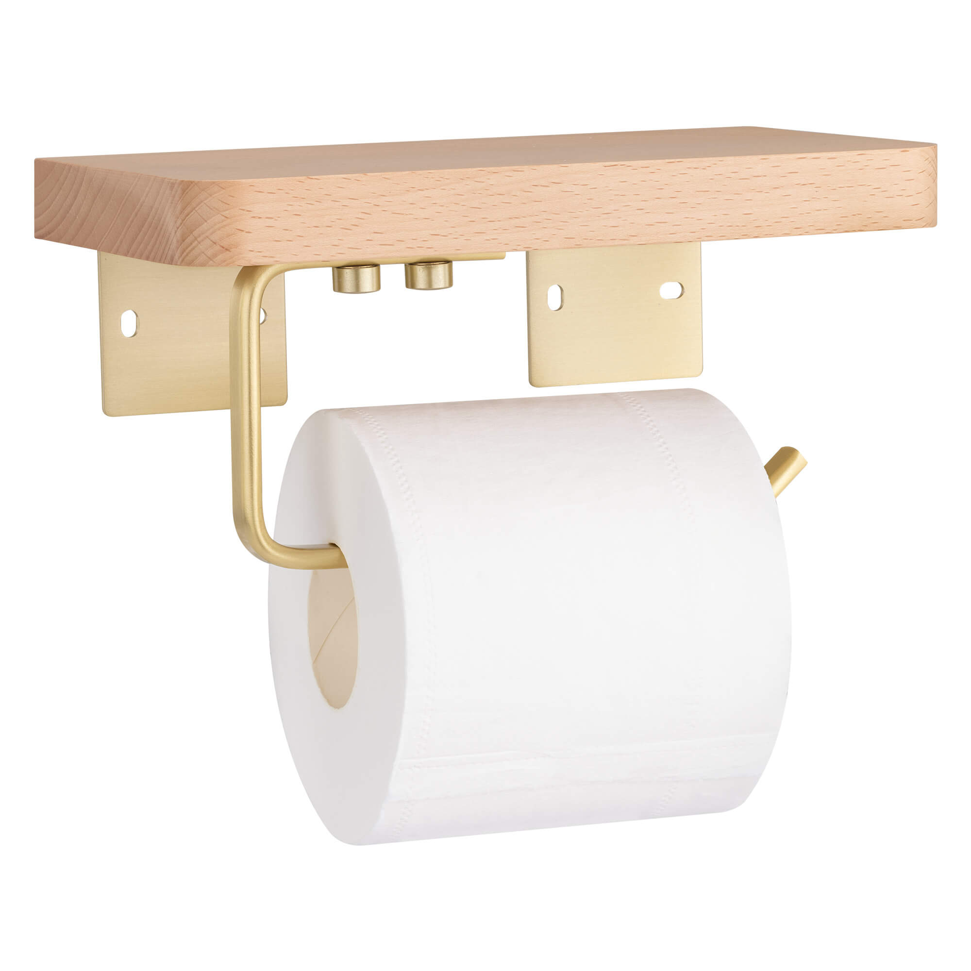 Navaris Επιτοίχια Βάση Ρολού Τουαλέτας με Ράφι από Ξύλο Οξιάς - Light Brown / Gold - 55538.11