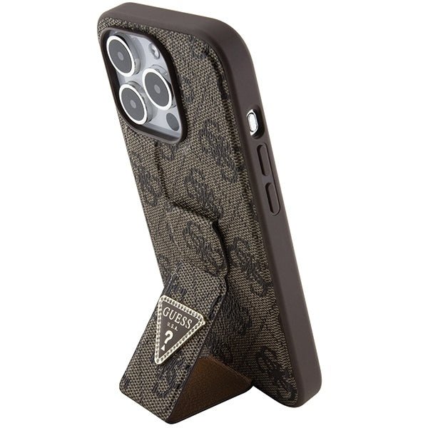 Guess iPhone 15 Pro Grip Stand 4G Triangle Strass Logo Θήκη με Επένδυση Συνθετικού Δέρματος και Stand - Brown - GUHCP15LPGS4TDW