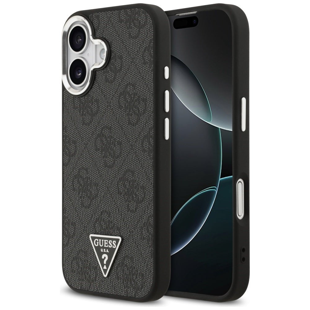 Guess iPhone 17 - 4G Triangle Logo MagSafe - Σκληρή Θήκη με Πλαίσιο Σιλικόνης και Επένδυση Συνθετικού Δέρματος - Black / Silver - GUHMP17SP4TSRCMK