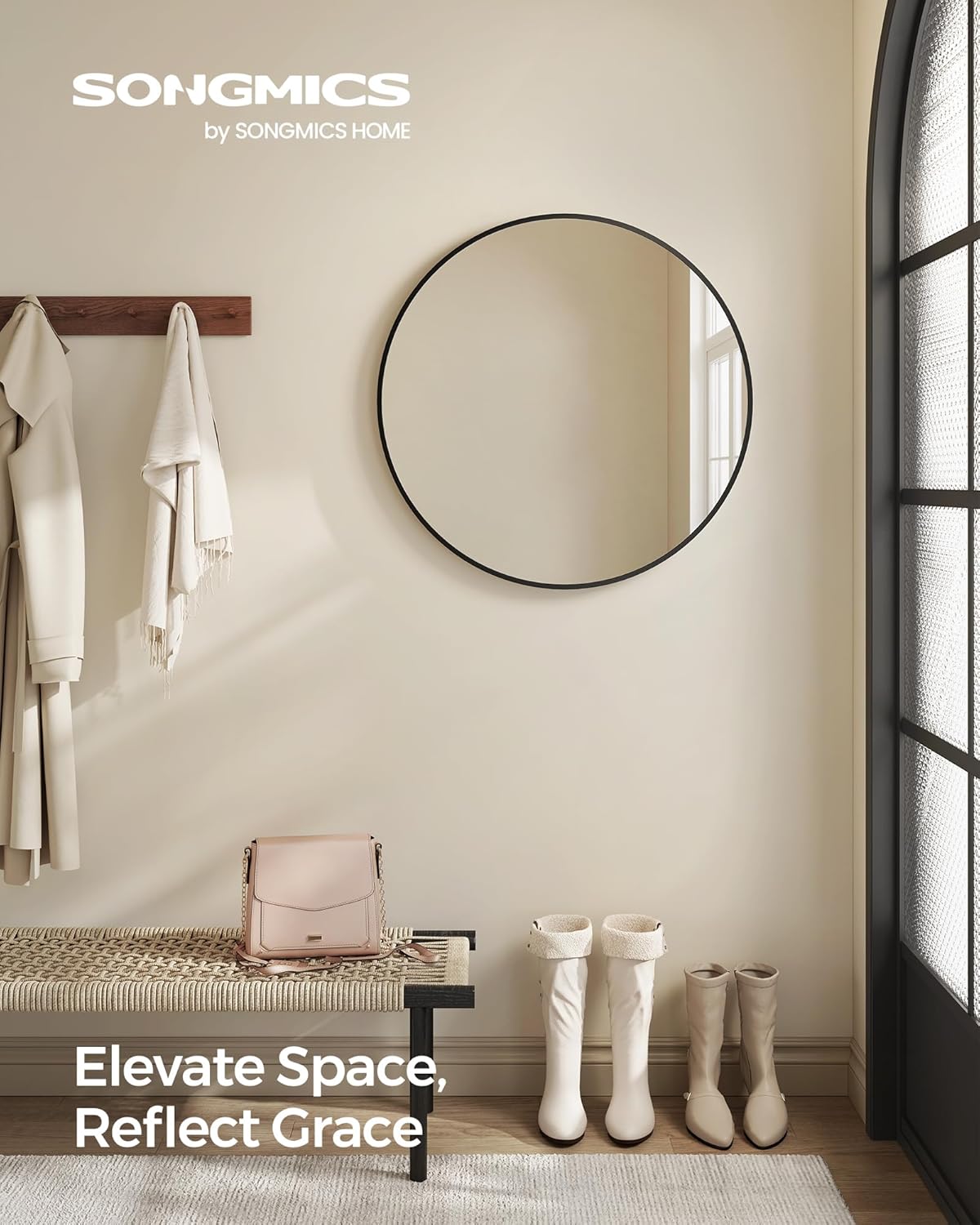 Songmics Στρογγυλός Καθρέφτης Τοίχου με Μεταλλικό Πλαίσιο - 61 cm - Black - LWM102B01