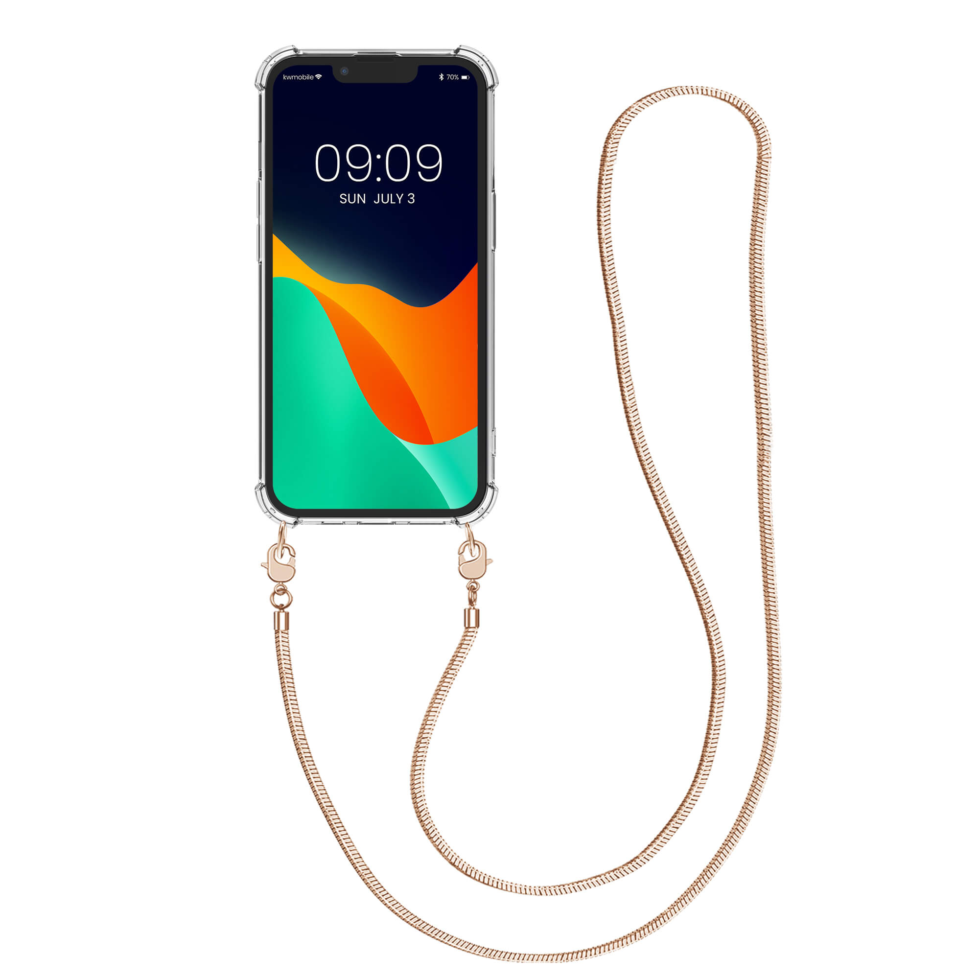 KW iPhone 13 Θήκη Σιλικόνης TPU με Μεταλλικό Λουράκι - Διάφανη / Rose Gold - 55952.81