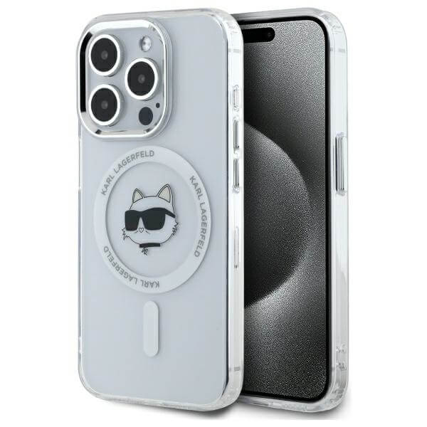 Karl Lagerfeld iPhone 15 Pro Max - IML Metal Choupette Head - MagSafe Σκληρή Θήκη με Πλαίσιο Σιλικόνης - White - KLHMP15XHLSCHH