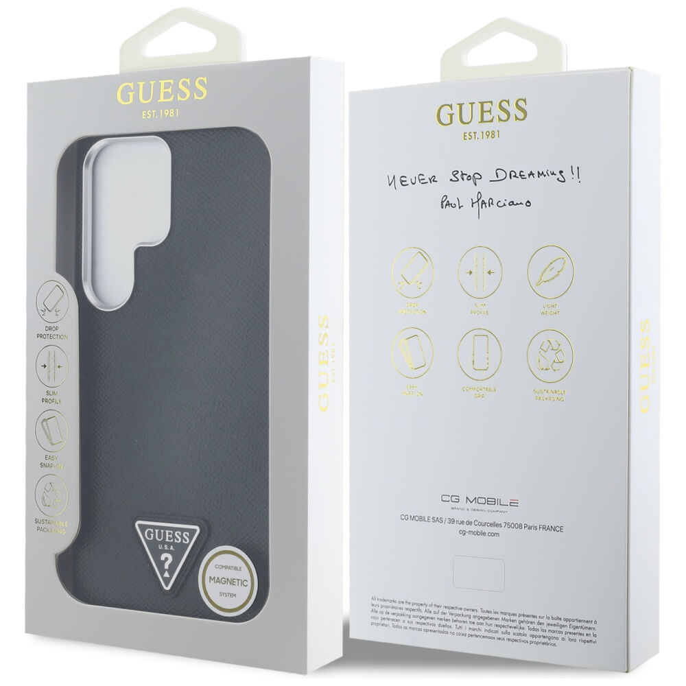 Guess Samsung Galaxy S25 Ultra - Grained Triangle Logo - MagSafe Σκληρή Θήκη με Πλαίσιο Σιλικόνης και Συνθετικό Δέρμα - Black - GUHMS25LPGTSPSK