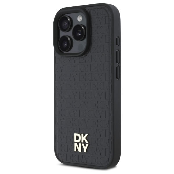 DKNY iPhone 16 Pro - Repeat Pattern Stack Logo MagSafe - Σκληρή Θήκη με Επένδυση Συνθετικού Δέρματος - Black