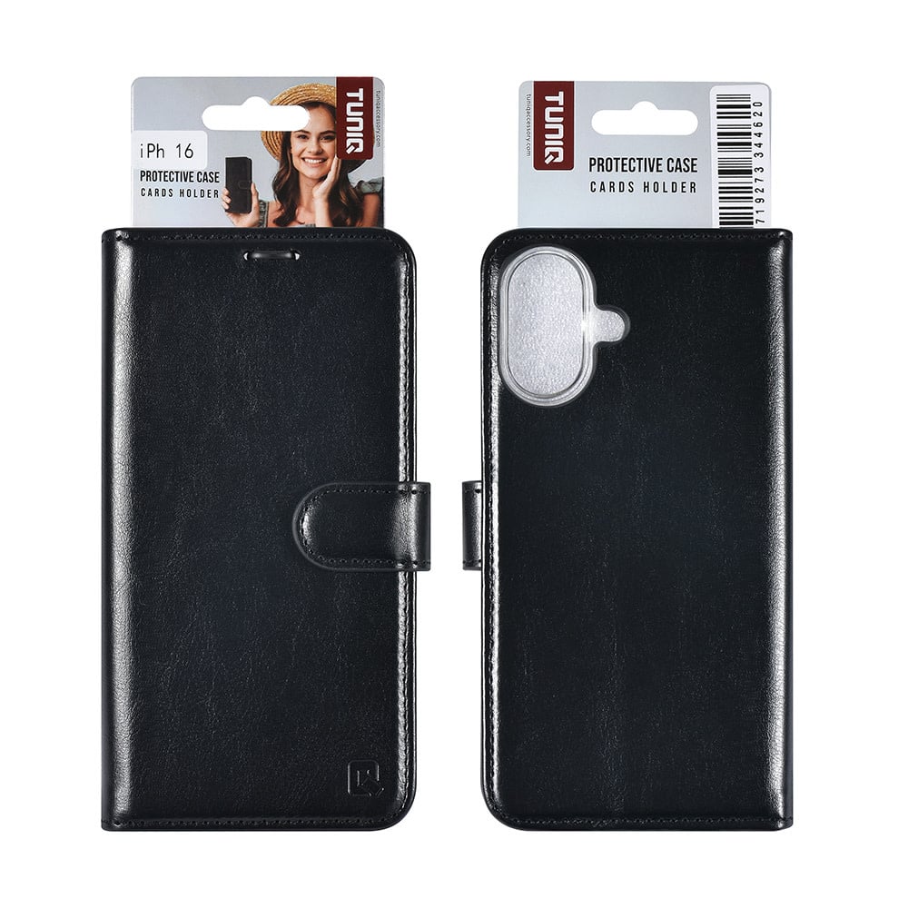 Tuniq iPhone 16 - Θήκη Πορτοφόλι Stand από Δερματίνη - Black