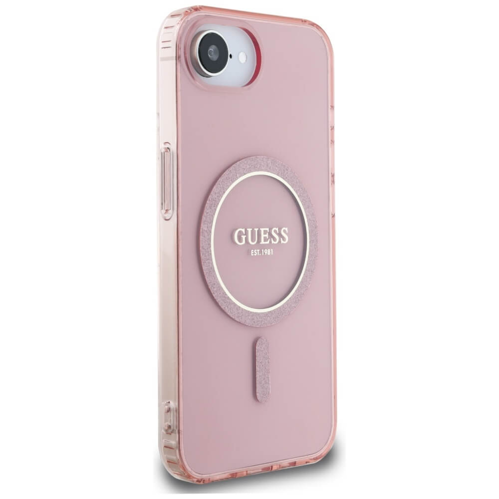Guess iPhone 16e - IML Glitter Circle MagSafe - Σκληρή Θήκη με Πλαίσιο Σιλικόνης - Pink - GUHMPSE4HFGEREP