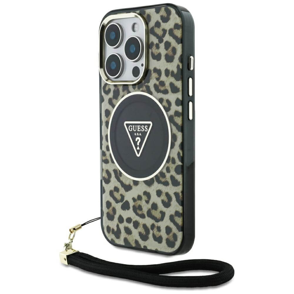 Guess iPhone 16 Pro - HC IML Leopard Triangle Cord Strap MagSafe - Σκληρή Θήκη με Πλαίσιο Σιλικόνης και Λουράκι - Brown - GUHMP16LHLORSSW