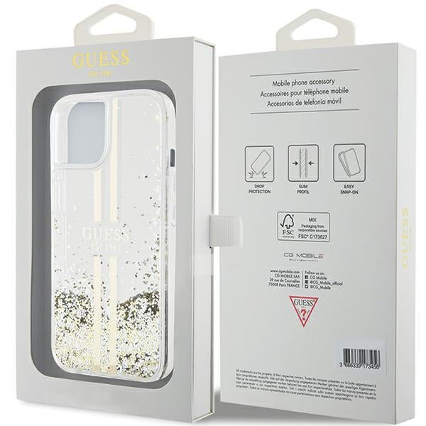 Guess iPhone 15 Liquid Glitter Gold Stripes Σκληρή Θήκη με Πλαίσιο Σιλικόνης - Διάφανη - GUHCP15SLFCSEGT