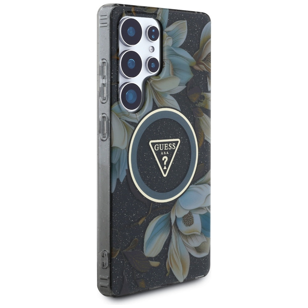 Guess Samsung Galaxy S25 Ultra - Glitter Flowers Triangle Buttons MagSafe - Σκληρή Θήκη με Πλαίσιο Σιλικόνης - Black - GUHMS25LHFLPEDK