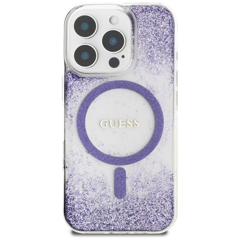 Guess iPhone 16 Pro - HC Resin Bottom Glitter - MagSafe Σκληρή Θήκη με Πλαίσιο Σιλικόνης - Purple - GUHMP16LRGRGEU