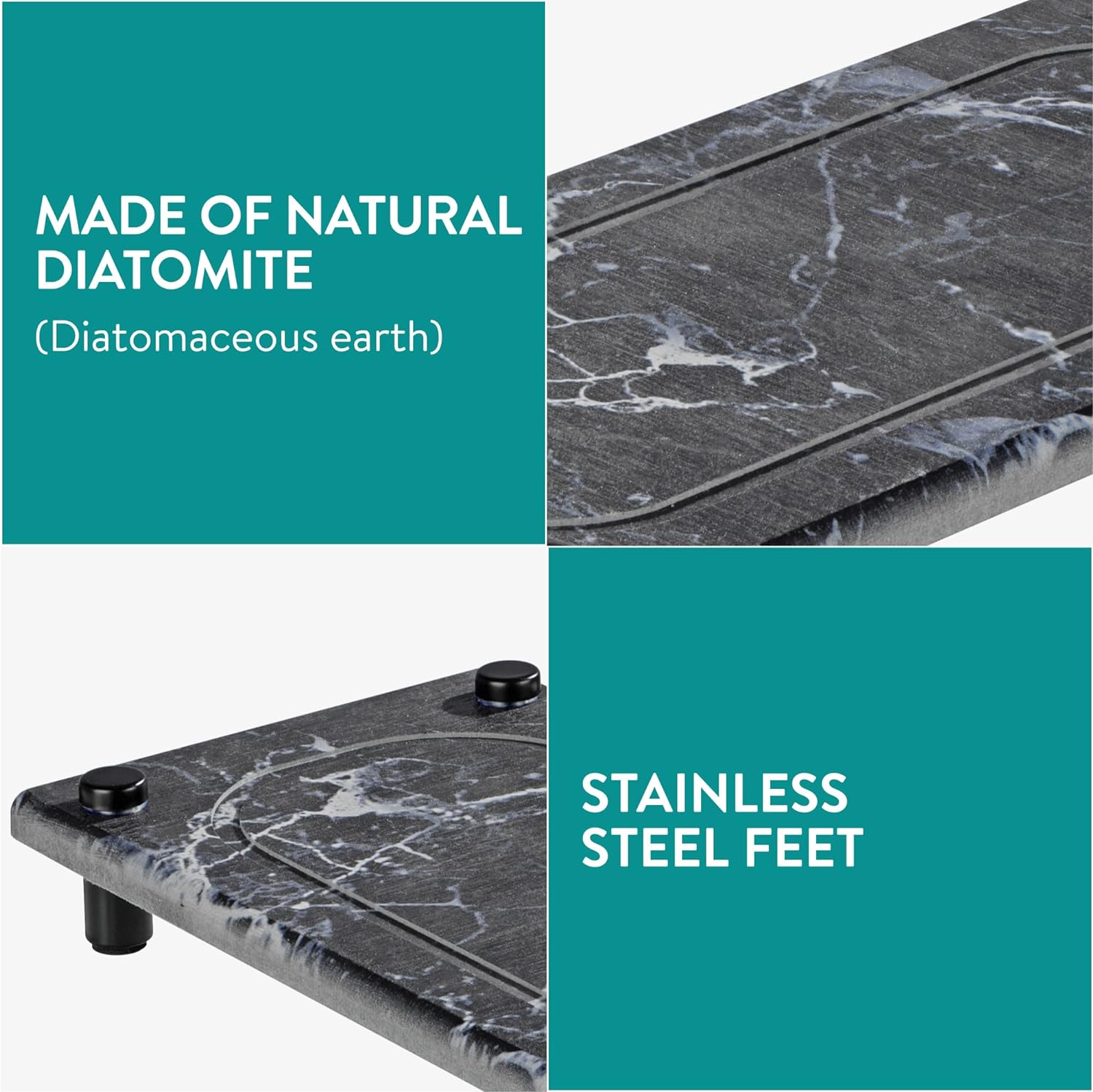 Navaris Δίσκος Οργάνωσης Νιπτήρα από Διατομίτη με Σχεδιασμό Γρήγορου Στεγνώματος - 28 x 11 x 2.5 cm - Black Marble - 61632.04