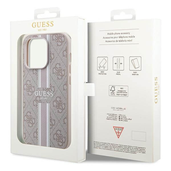 Guess iPhone 15 Pro - 4G Printed Stripes MagSafe Θήκη με Επένδυση Συνθετικού Δέρματος - Pink - GUHMP15LP4RPSP