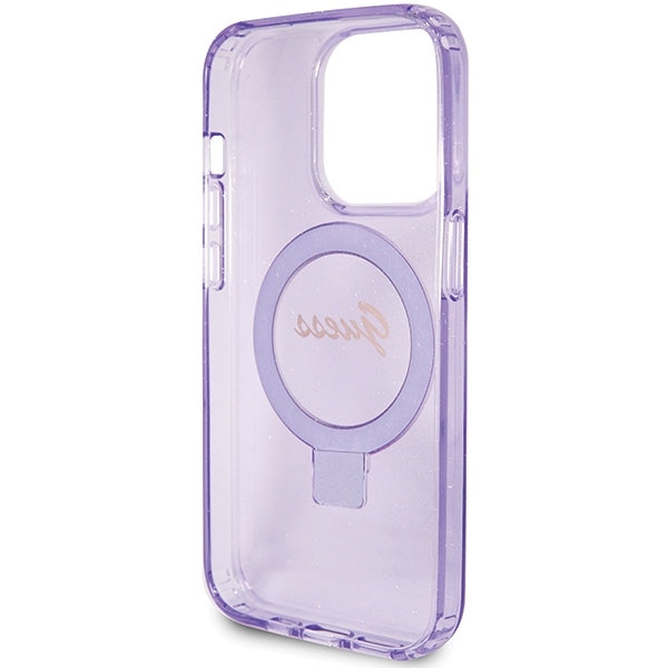 Guess iPhone 15 Pro Max Ring Stand Script Glitter Magsafe Σκληρή Θήκη με Πλαίσιο Σιλικόνης και MagSafe / Stand - Purple - GUHMP15XHRSGSU